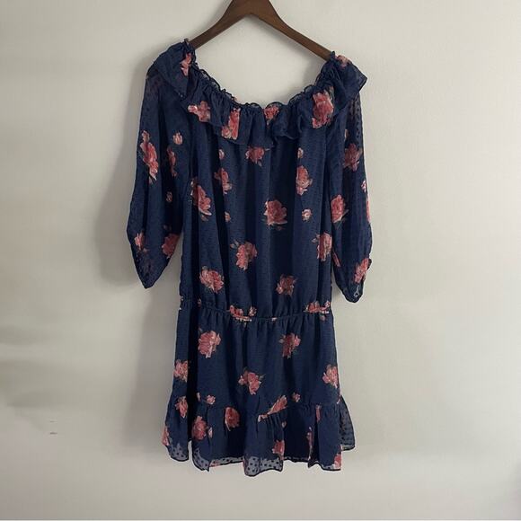 Joie | Women’s Navy Luvenia Floral Off Shoulder Dress Floral Textured Ruffles L - Picture 3 of 8